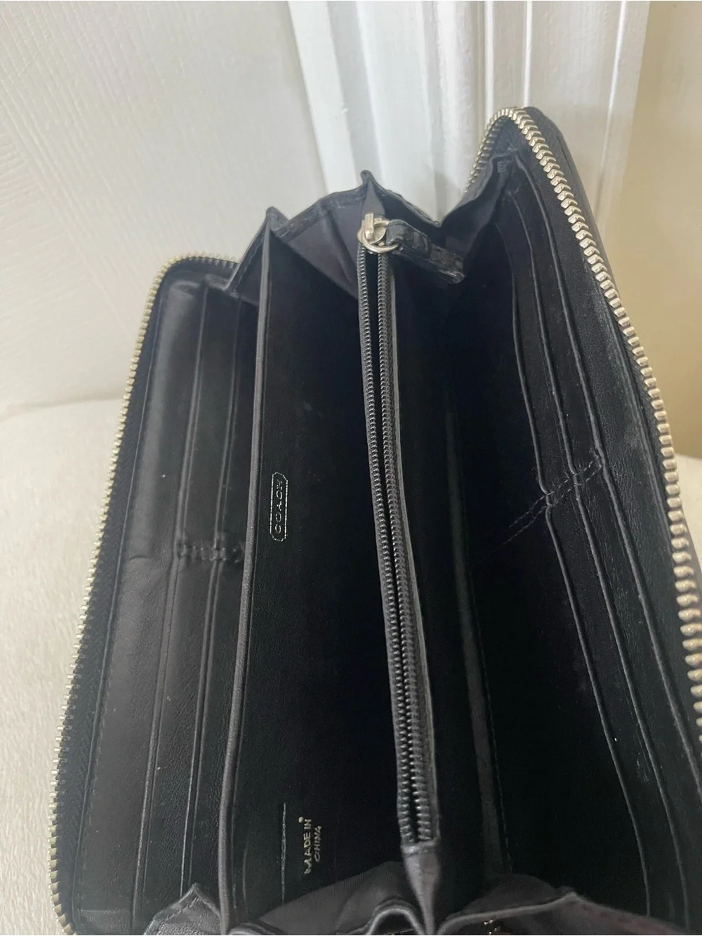 Coach Black Leather Zip Wallet with Contrast Stitching